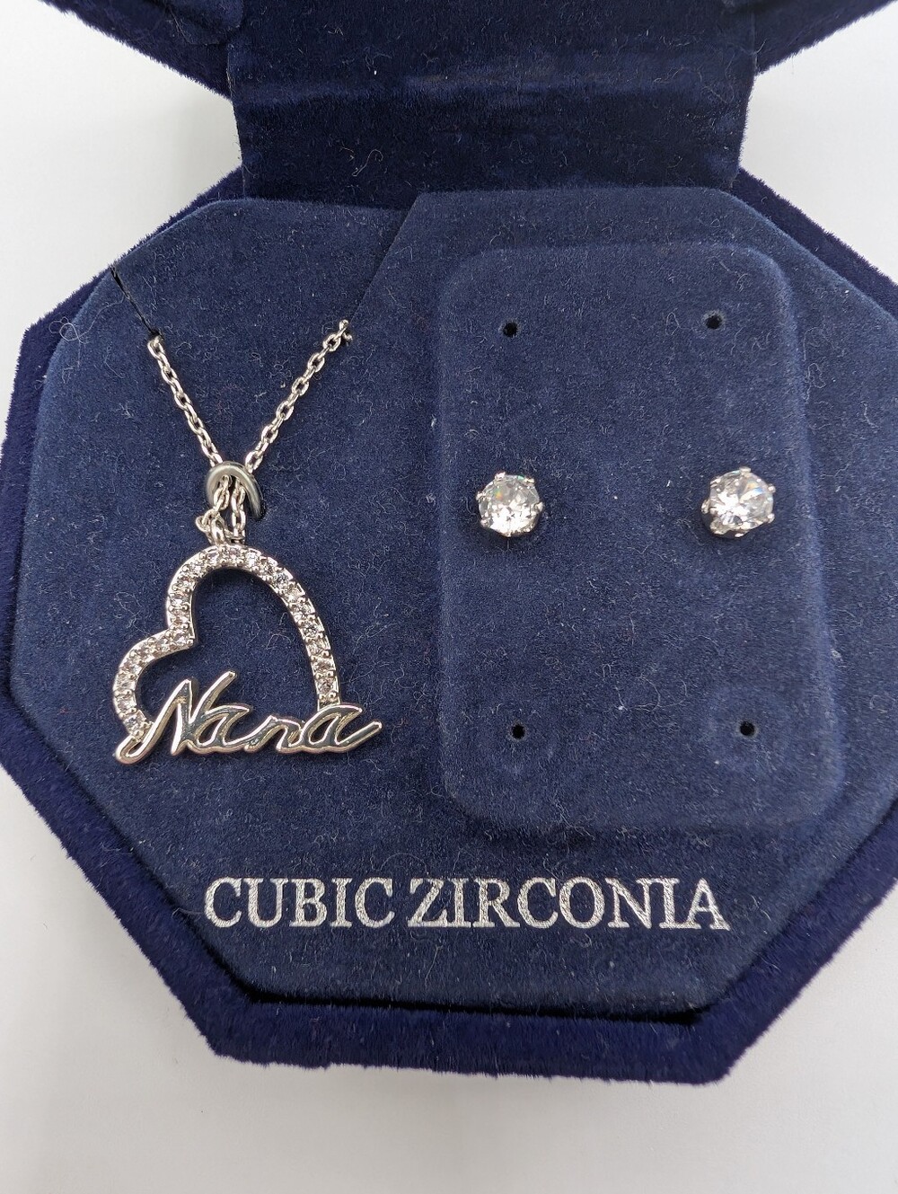 Nana Fine Silver Plate Heart Pendant Necklace & Cubic Zirconia Stud Earrings
